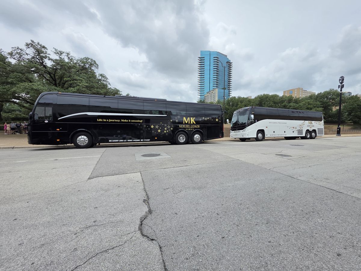 MK Luxury Coach motor coach pair on a Dallas charter route